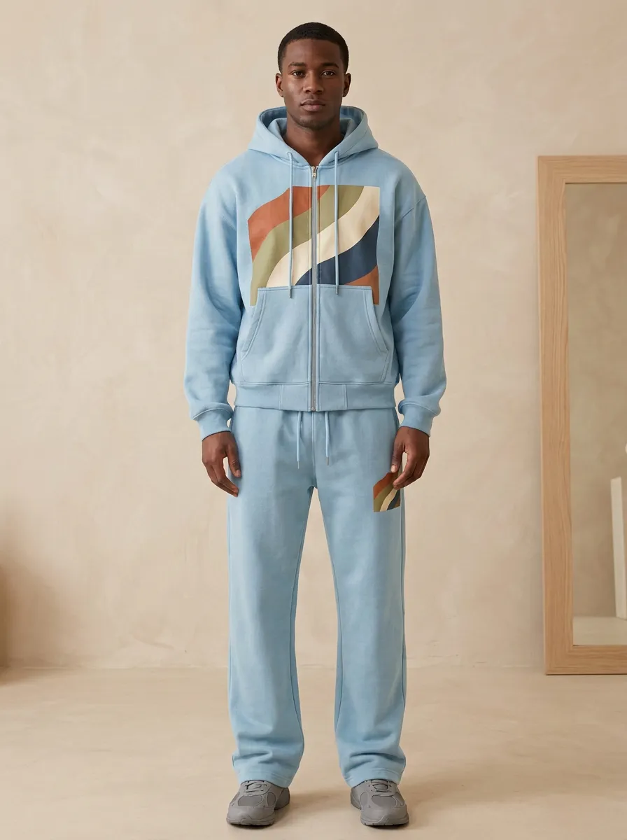 Men's Retro Wave Pattern Printed Zip-up Hoodie Sweatpants Set