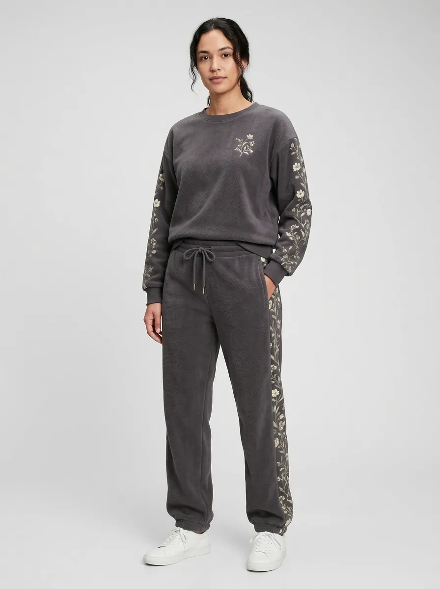 Women's Sleeve-Embroidered Crewneck Sweatshirt And Side-Detail Jogger Fleece Lounge Set