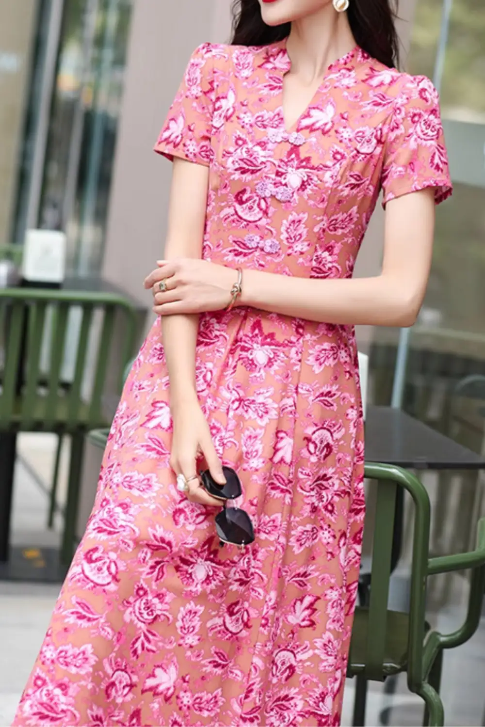 Classic Floral Chiffon V Neck Short Sleeve Maxi Dress
