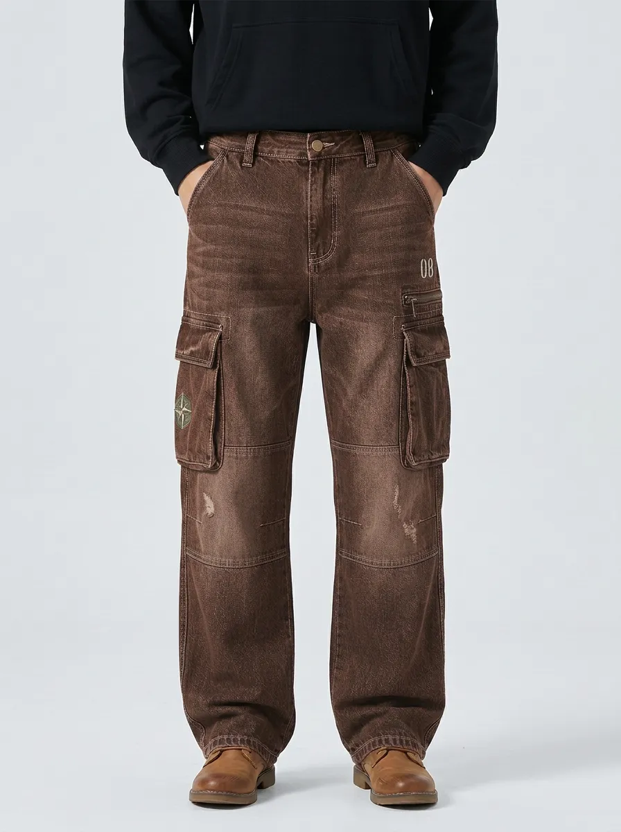 Men's Vintage Compass Patch Distressed Denim Cargo Jeans