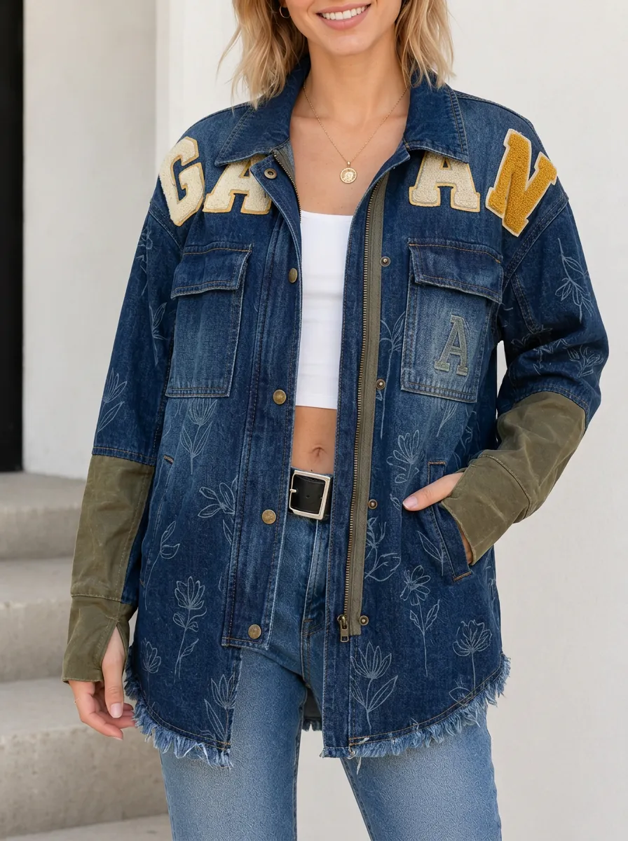 Women's Varsity Letter Floral Embroidered Patchwork Denim Jacket