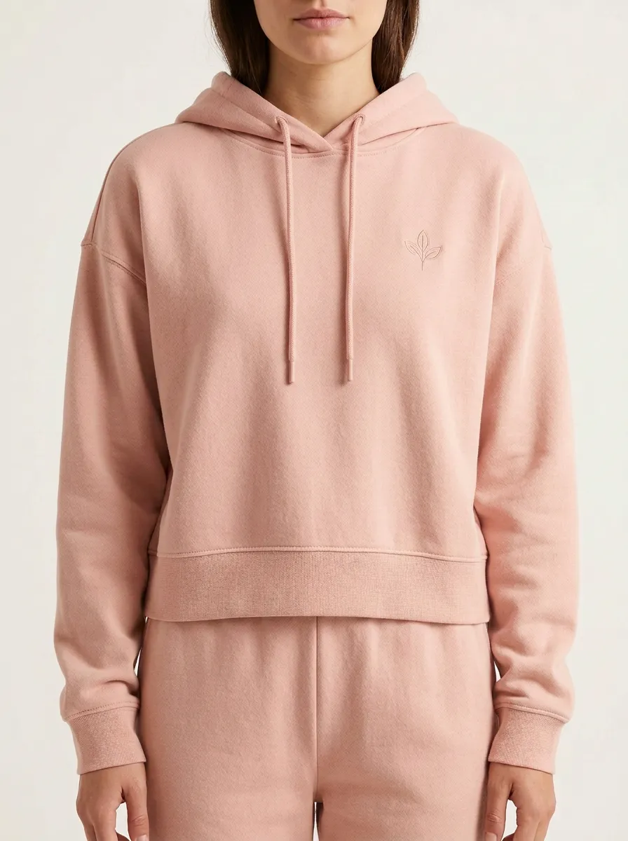 Women's Minimalist Leaf Logo Embroidered Beige Hoodie