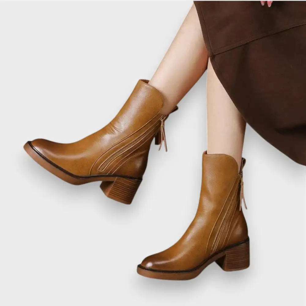 Leather Block Heel Ankle Ankle Boots