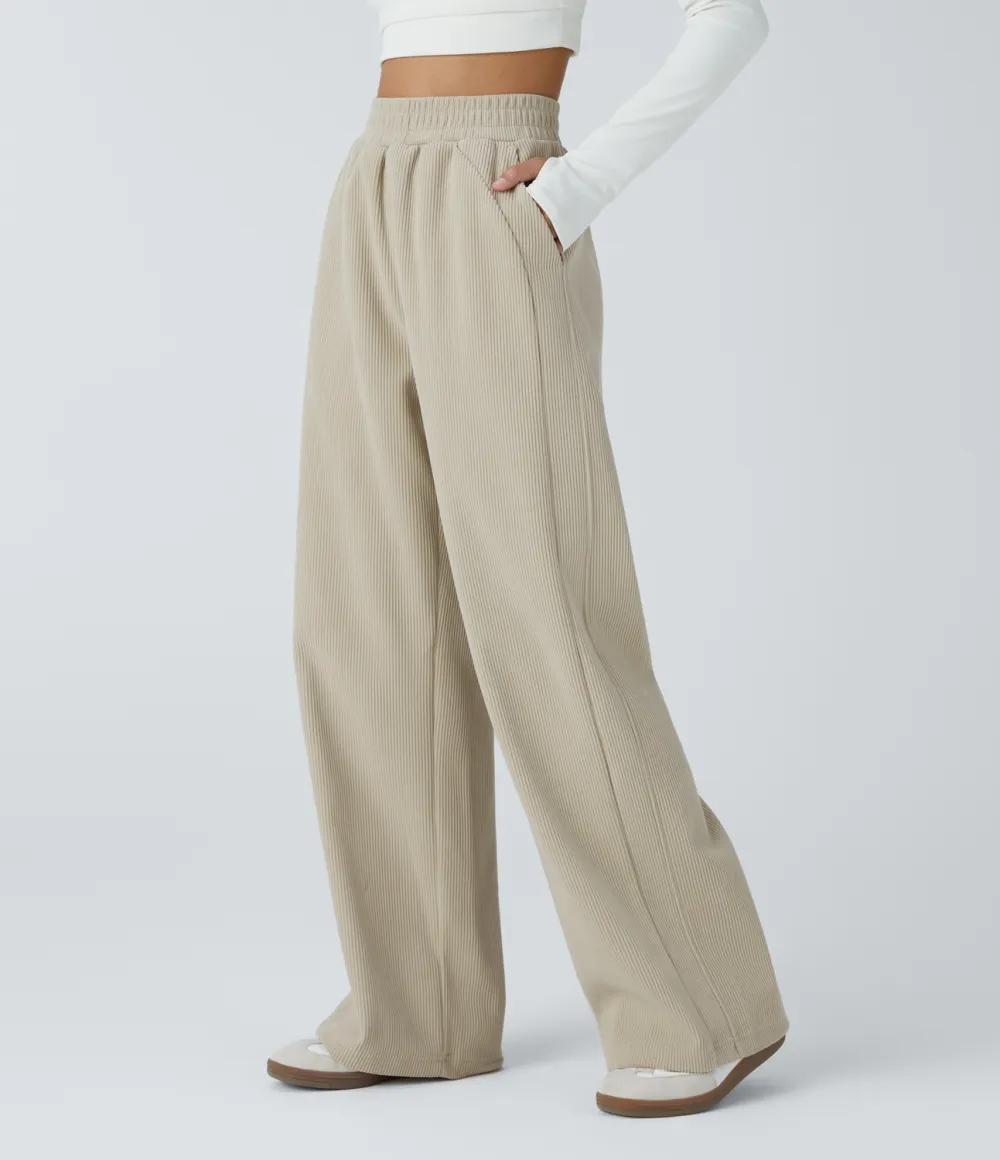 High Waisted Side Pocket Straight Leg Mop Corduroy Casual Pants