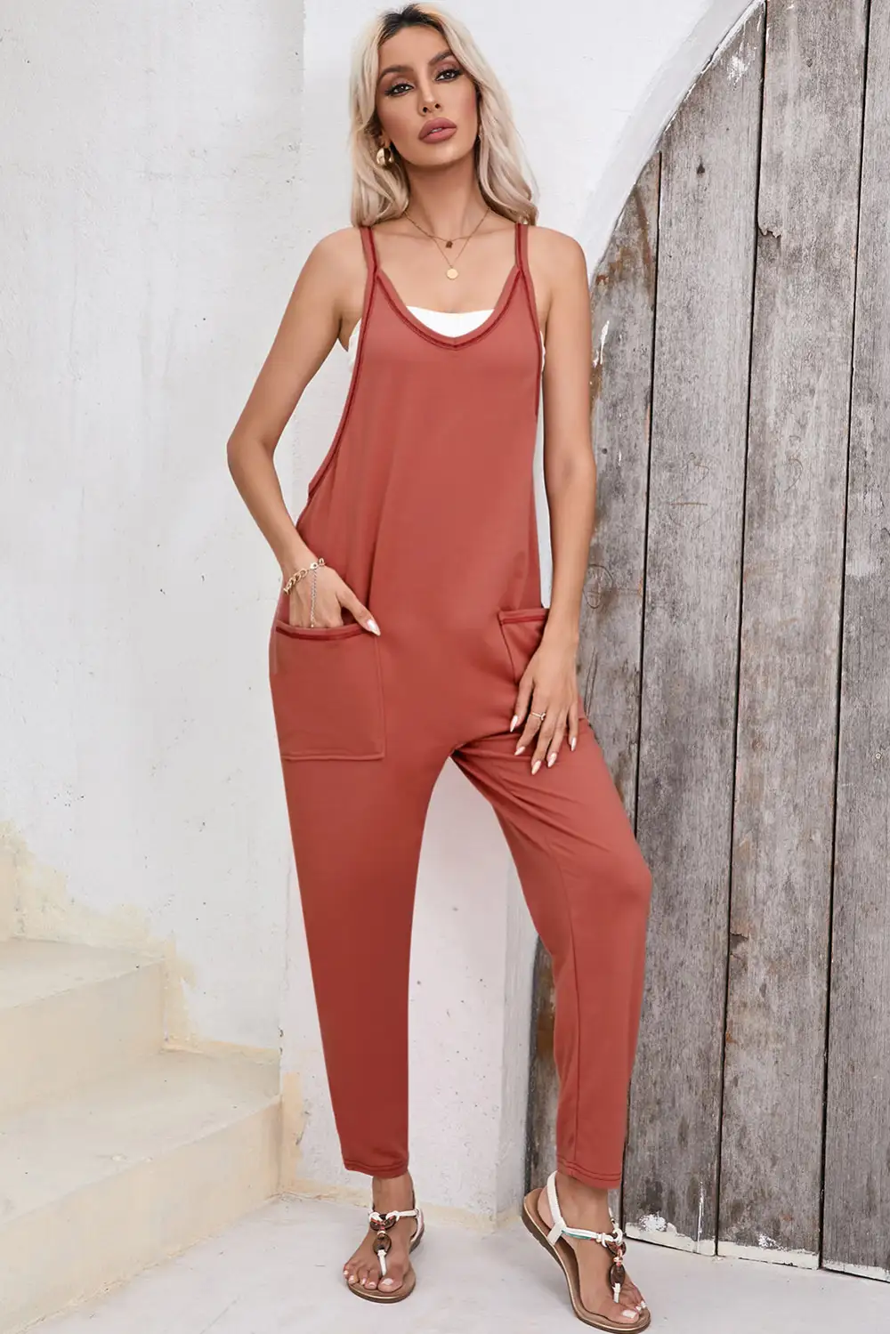 Flame Side Pockets Harem Sleeveless V Pants