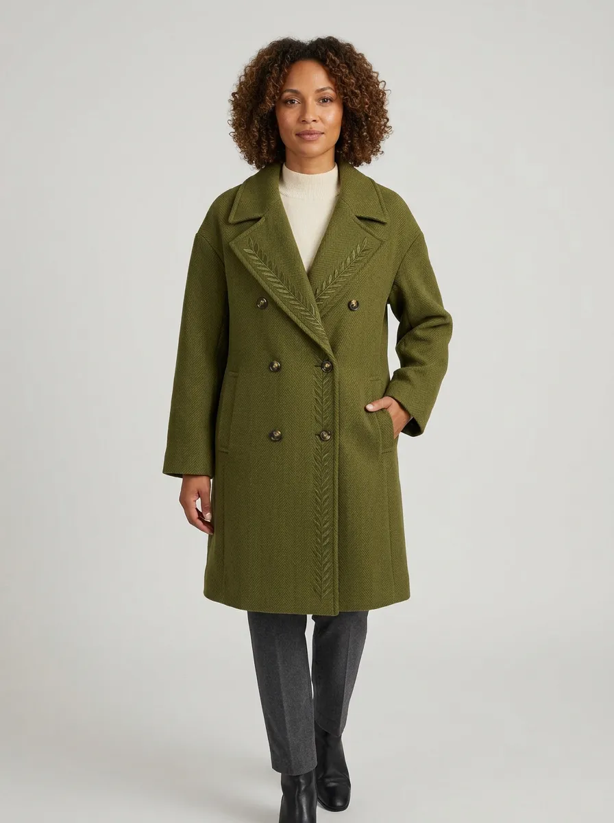 Women's Olive Green Herringbone Leaf Embroidered Double-Breasted Coat