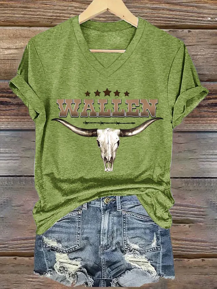 Bull Skull-Themed V-Neck Short-Sleeved T-Shirts