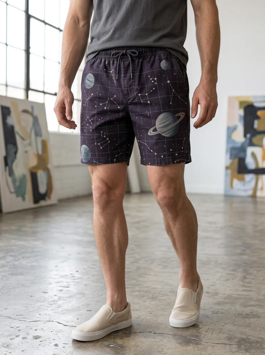Men's Space Astronomy Planet Constellation Drawstring Shorts