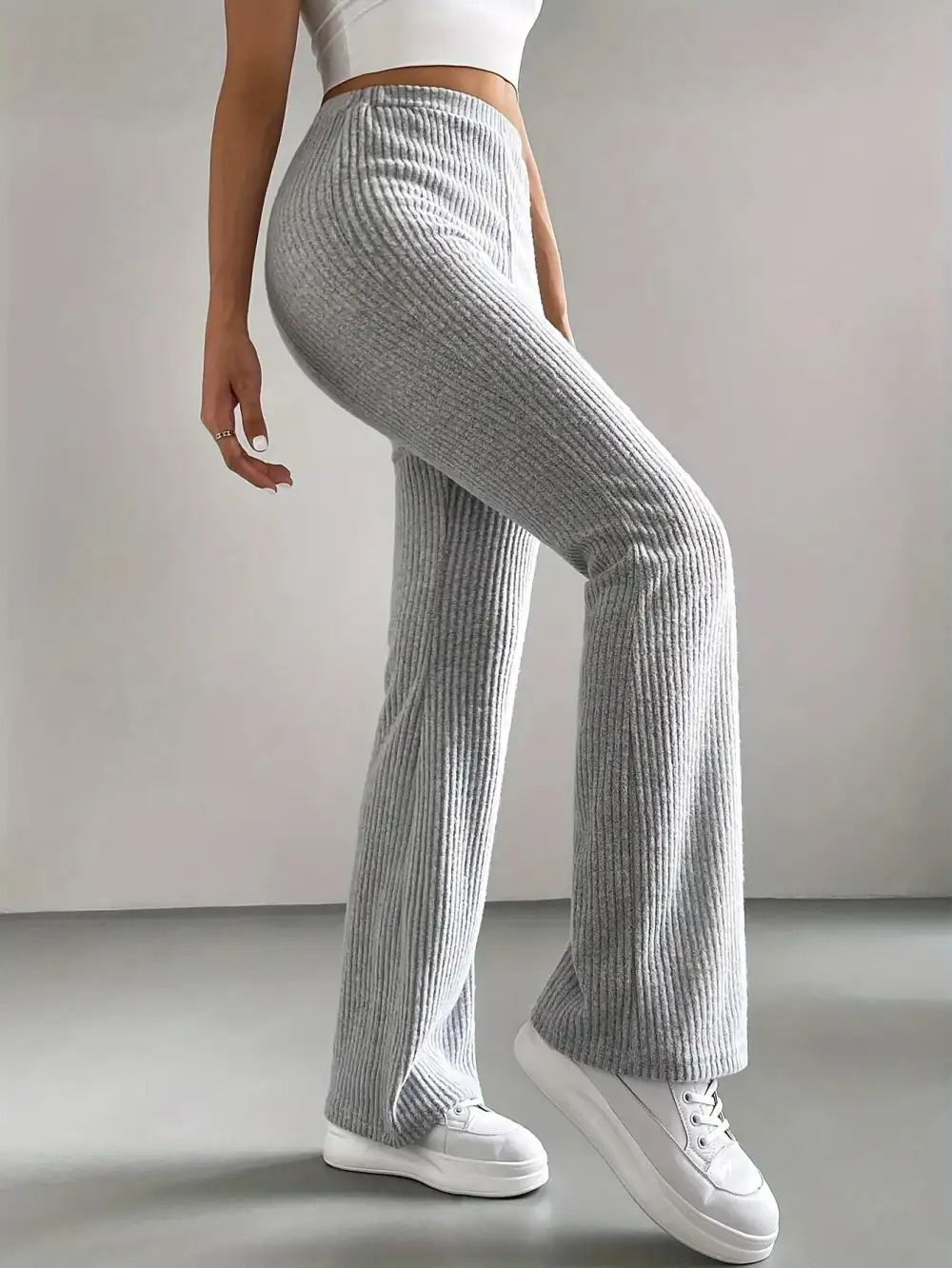 Classic Ribbed Knit High Waist Flare Pants