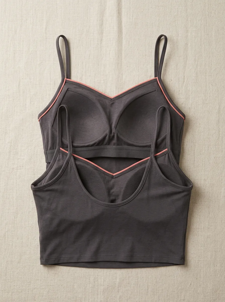 Women's Contrast-Piping V-Neck Camisole Minimal Padded Built-In-Bra Tank Top
