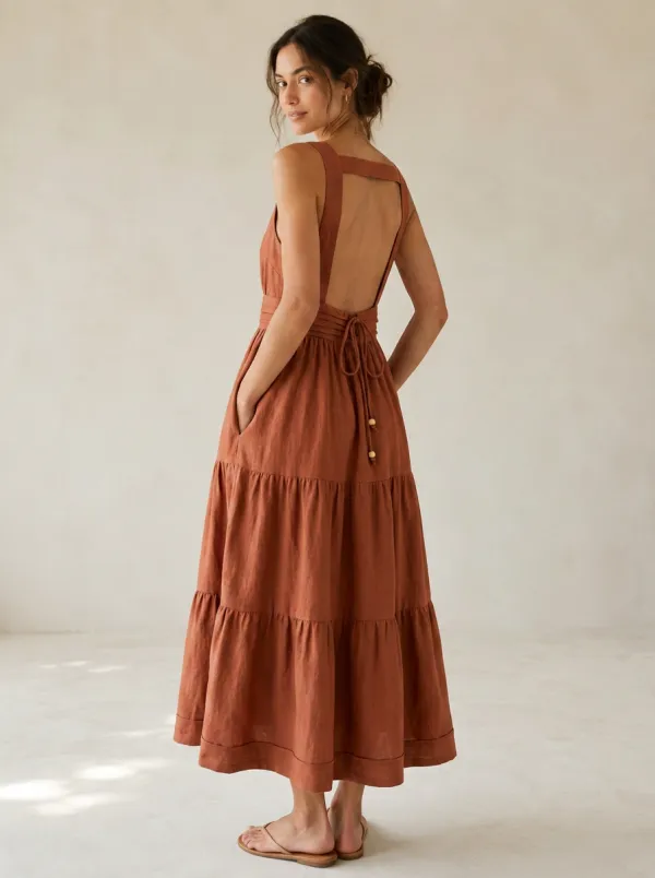 Women's Boho Tiered Linen Backless Dress