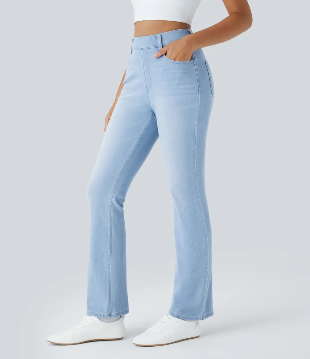Magic High Waisted Multiple Pockets Washed Stretchy Knit Casual Bootcut Jeans