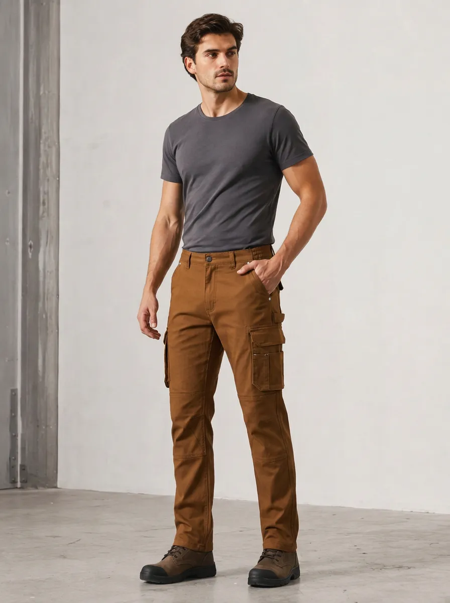 Men's Tobacco Brown Utility Cargo Pants with Reinforced Knee Detail