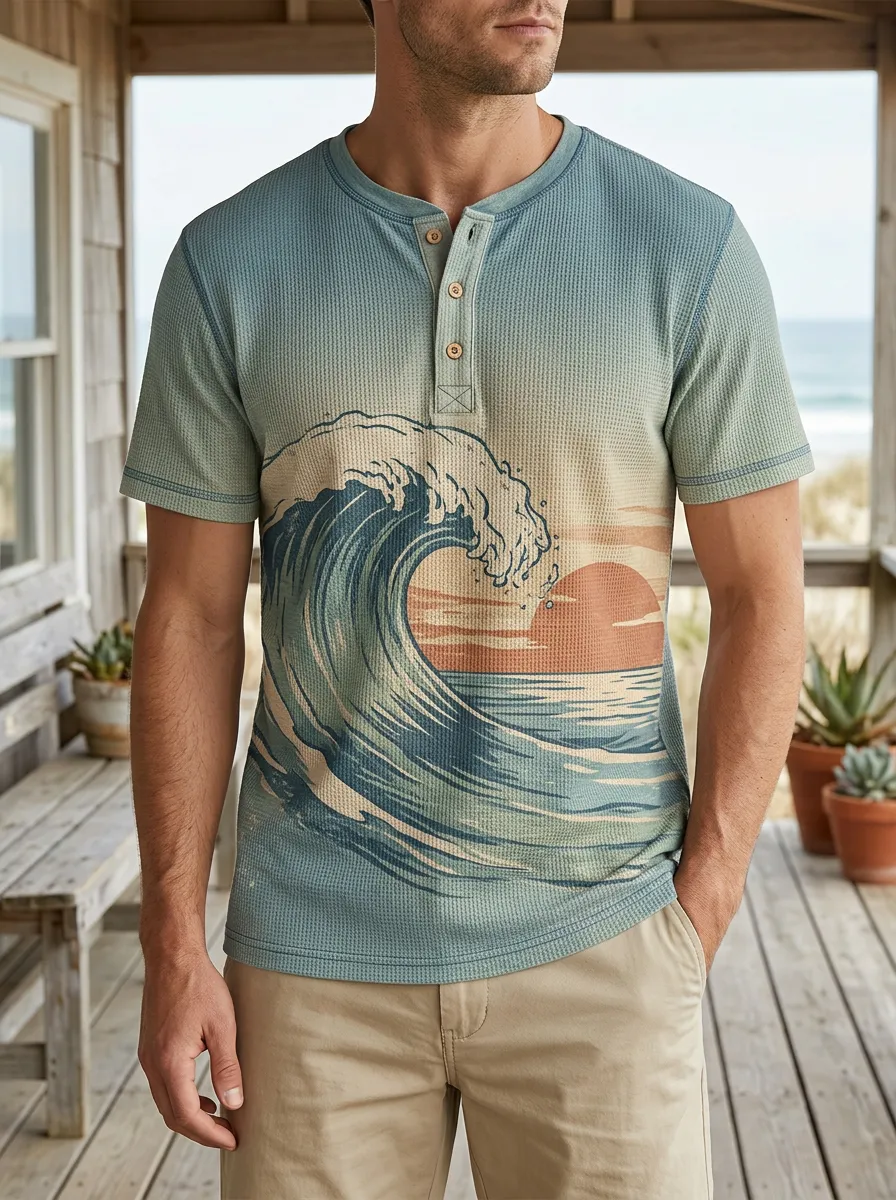 Men's Ocean Surfer Sunset Wave Printed Henley T-shirt