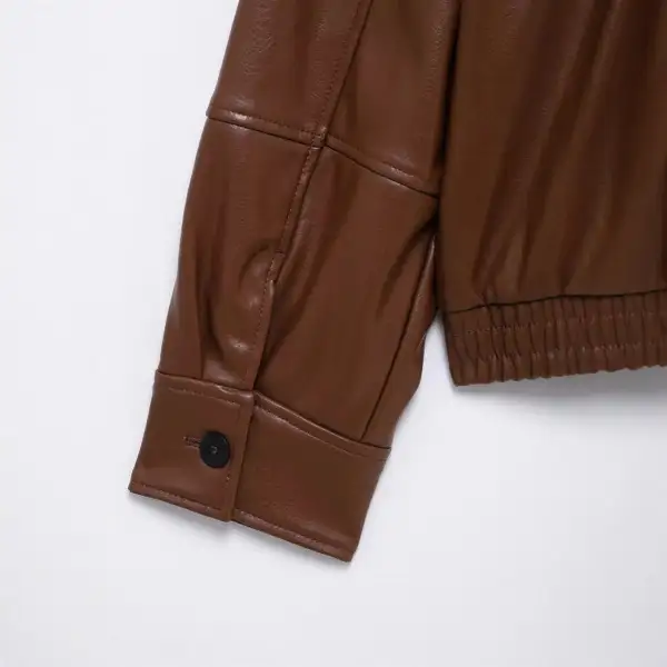 Cropped Faux Leather Shirt Collar Zip Front Bomber Jacket