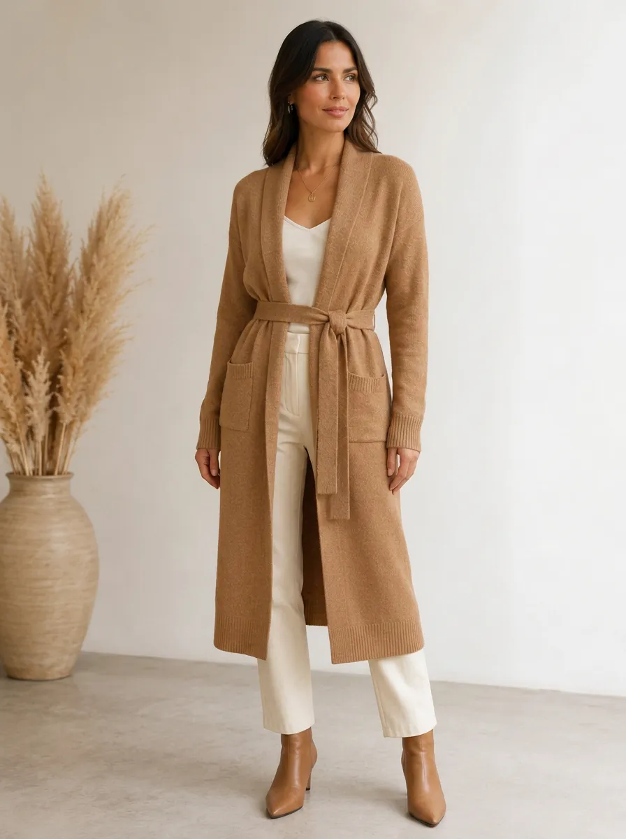 Women's Casual Camel Longline Belted Knit Cardigan