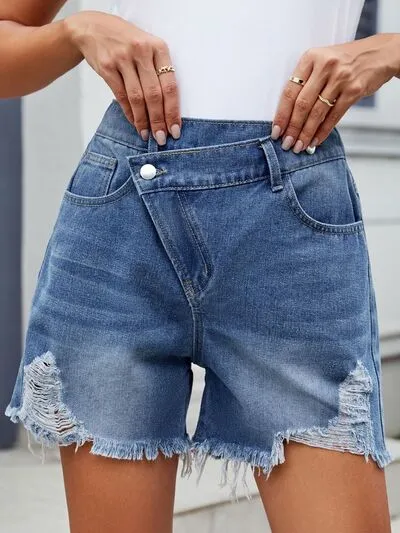 Distressed Raw Hem Asymmetrical Waist Shorts Denim Pants