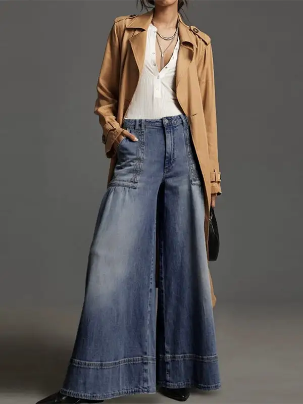 Minimal Wide Leg Seamed Button Detail Zip Detail Pocket Jeans