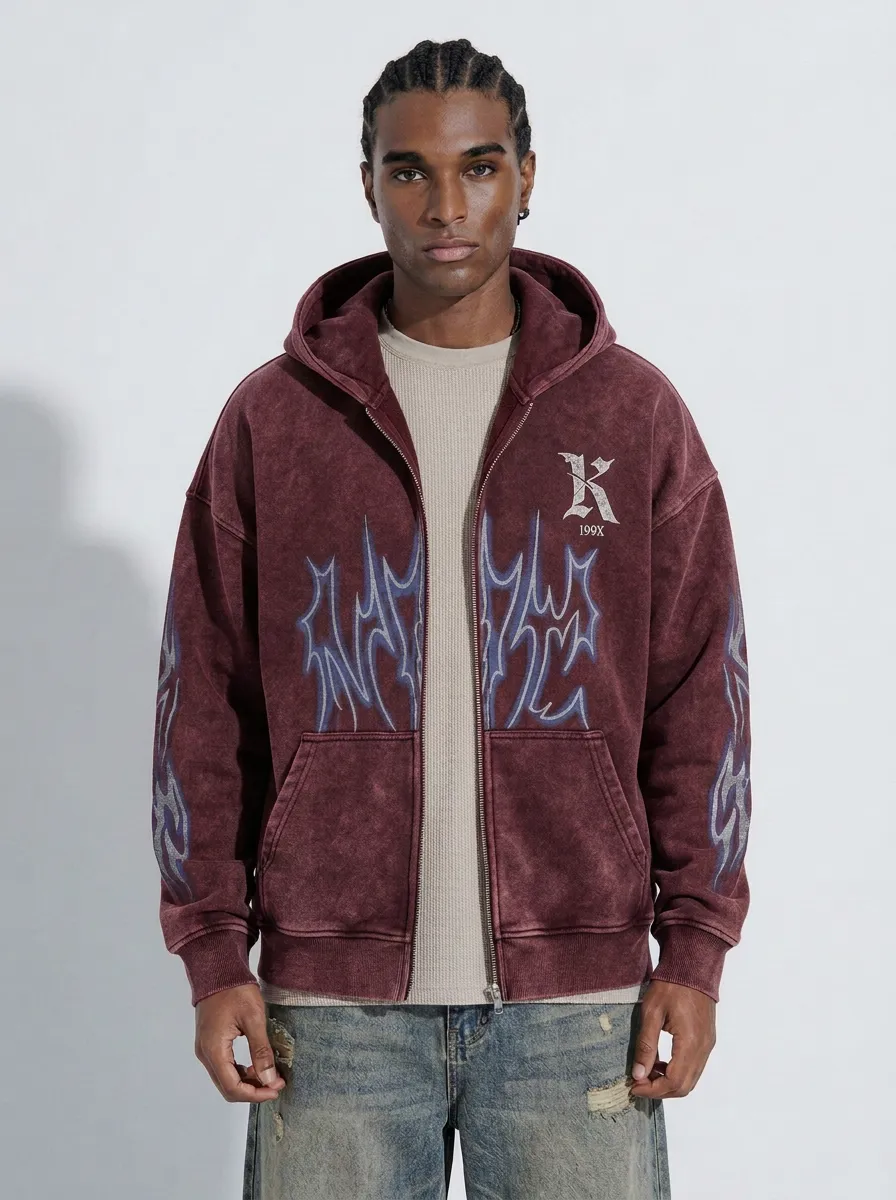Unisex Streetwear Gothic Flame Graphic Printed Zip-up Hoodie