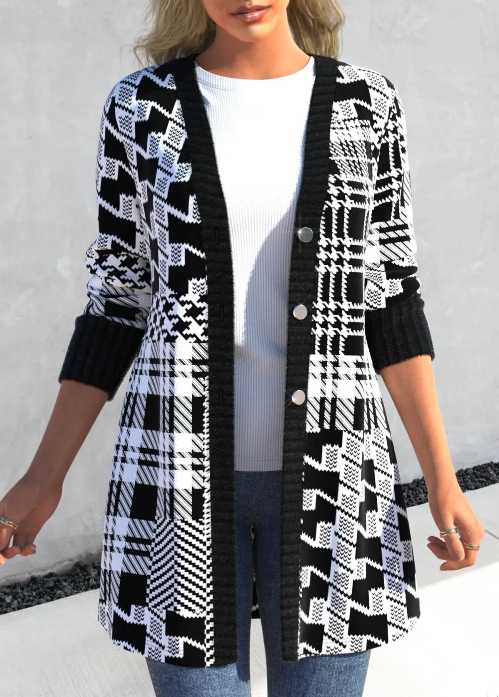 Black Button Geometric Print Long Sleeve Coat