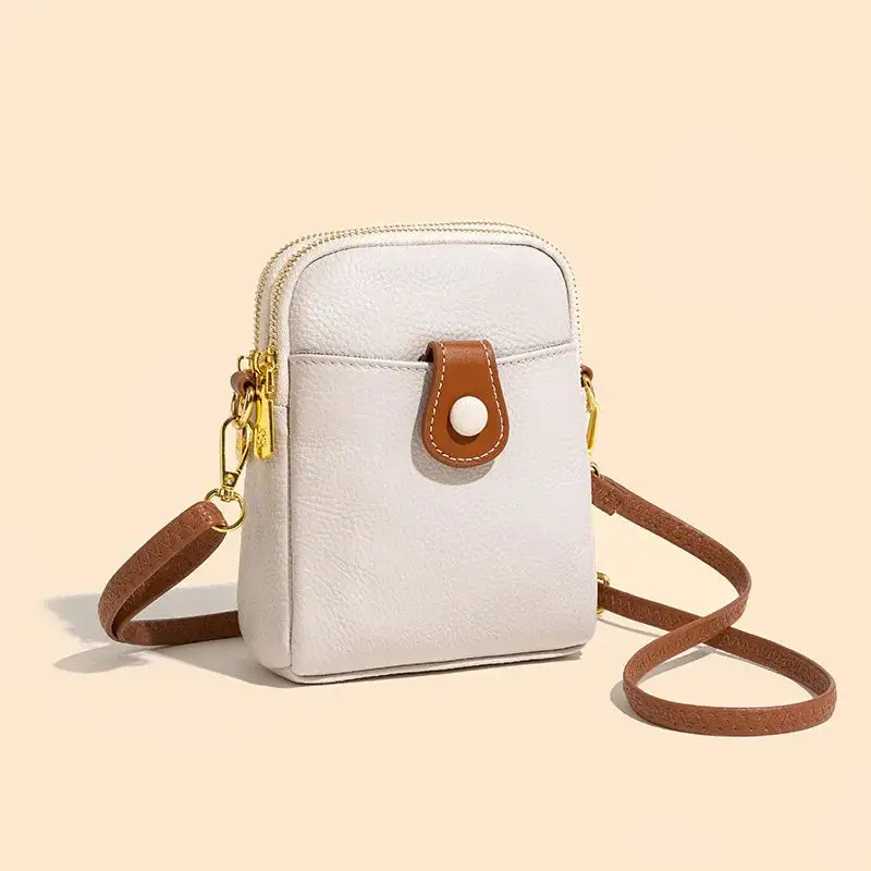 Minimalist Taupe Leather Everyday Phone Crossbody
