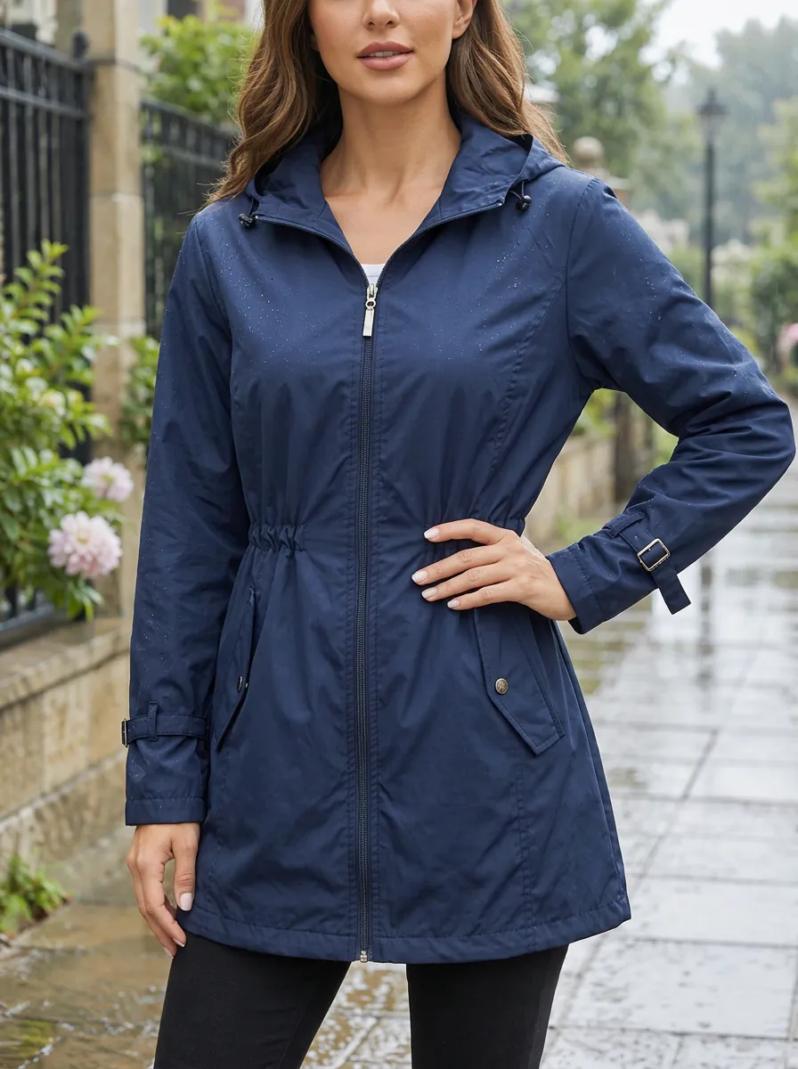 Women's Navy Blue Hooded Waterproof Rain Jacket with a Hood and a Drawstring Waist