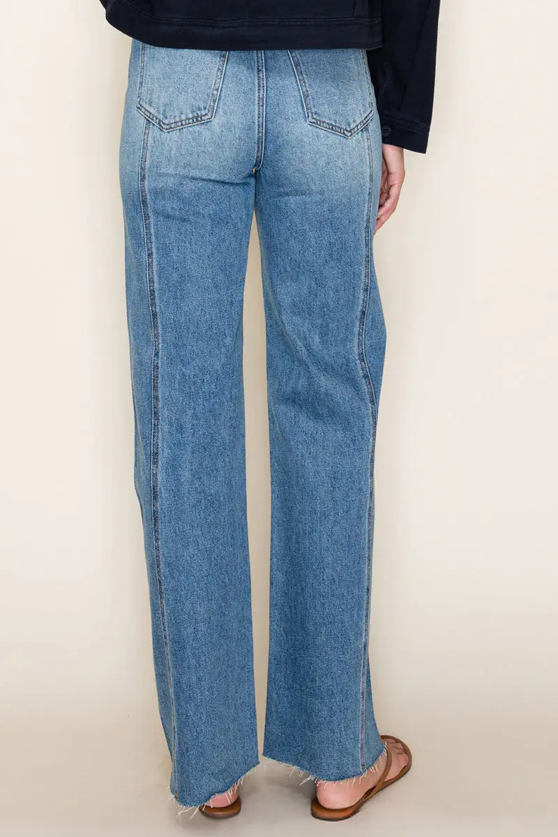 Women's High Rise Cutoff Hem Side Seam Wide Leg Rigid Denim Jeans