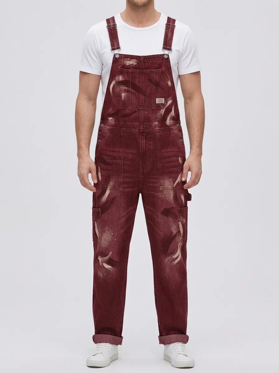 Distressed Paint-Splatter Denim Overalls