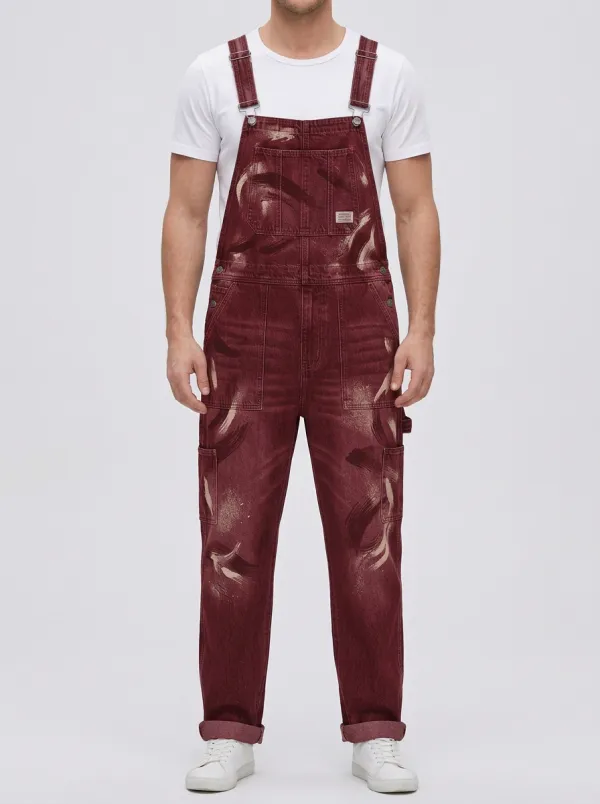 Distressed Paint-Splatter Denim Overalls