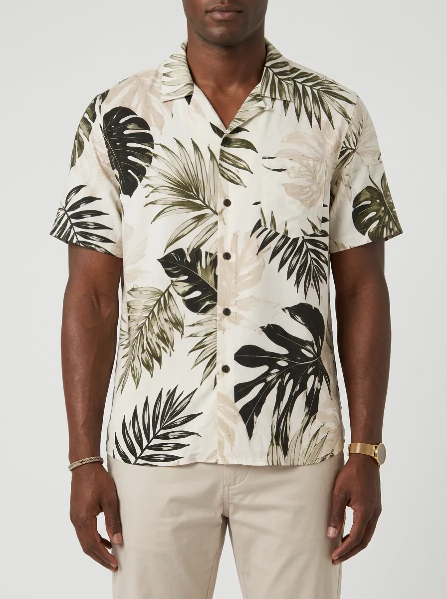 Men's Tropical Print Camp Collar Shirt with Full-length button-down placket with -toned buttons