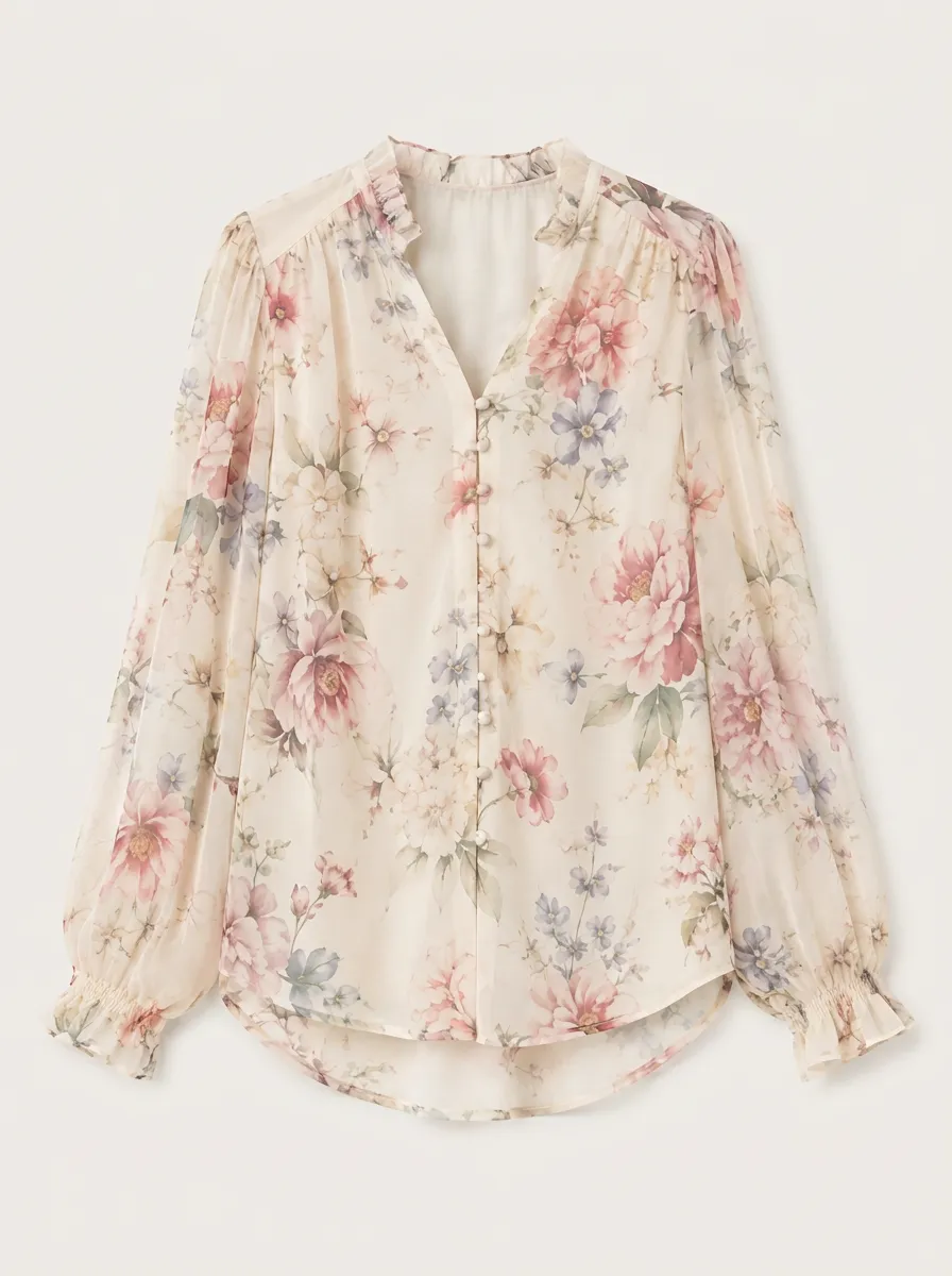 Women's Vintage Floral Print Chiffon Button-Down Blouse