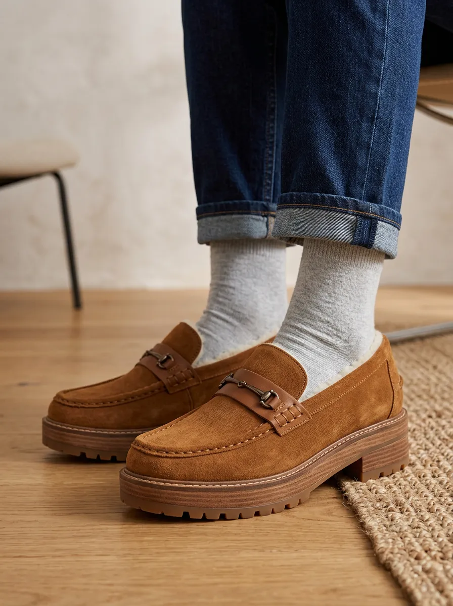 Women's Metal Detail Casual Suede Wood Sole Loafers