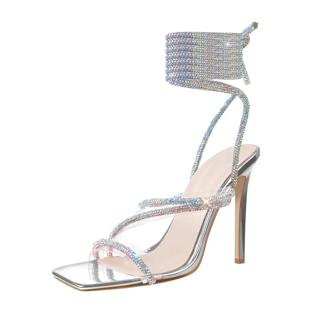 Rhinestone Strap Lace Up High Heel Sandals