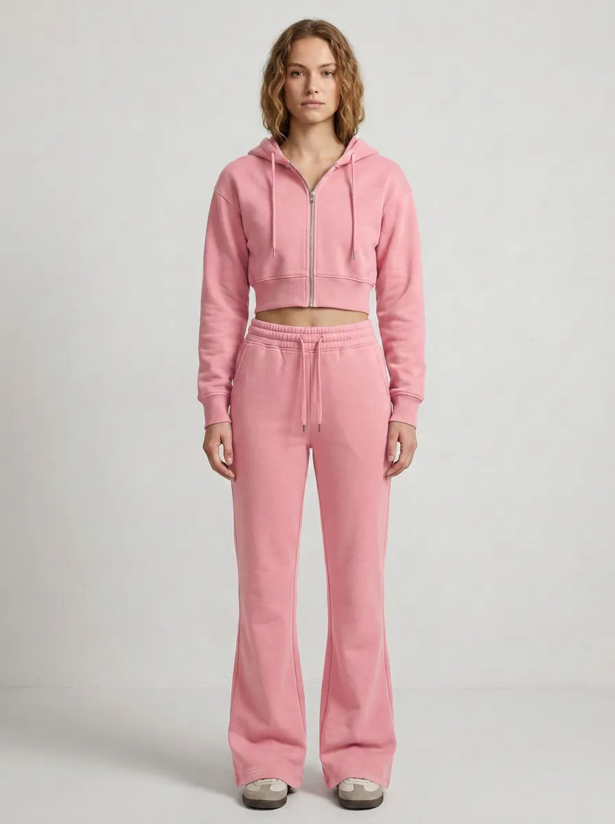 Women's Casual Sport Inspired Cropped Hooded Jacket and Flare Pants Active Set