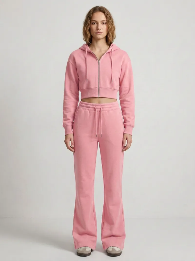 Women's Casual Sport Inspired Cropped Hooded Jacket and Flare Pants Active Set