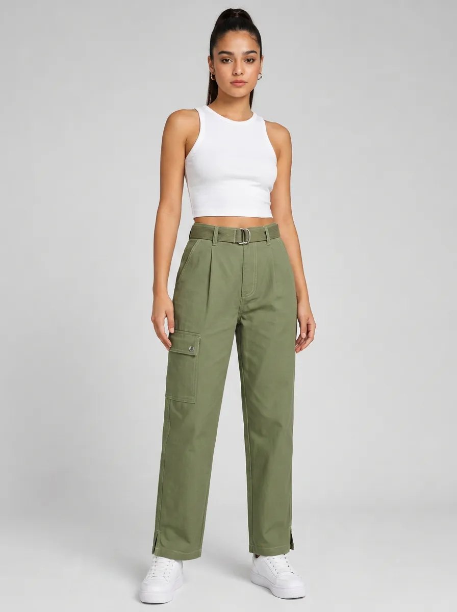 Women's Olive Green Belted Cargo Trousers