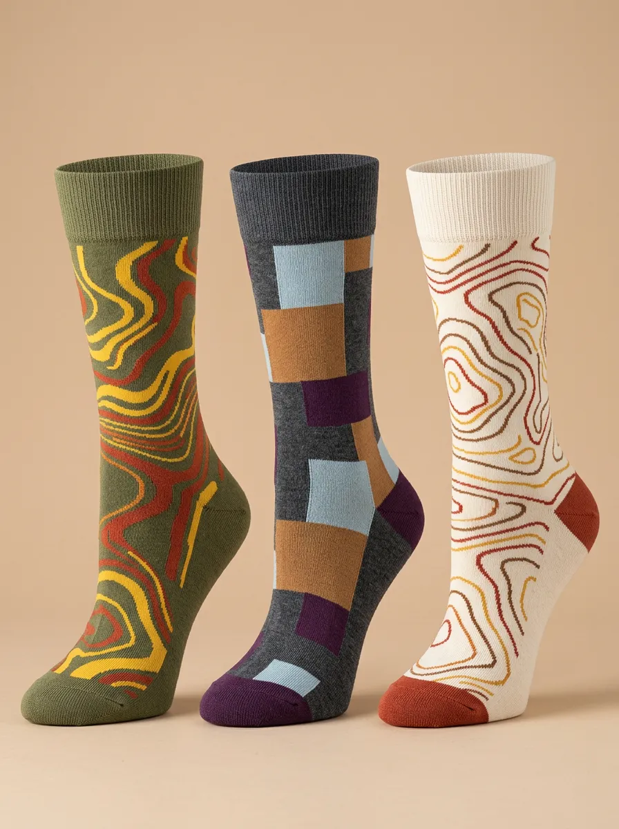 Men's Abstract Geometric Topographic Three-Pack Crew Socks