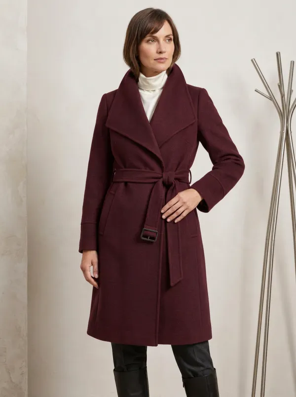 Women's Navy Blue Shawl Collar Belted Wool Blend Overcoat