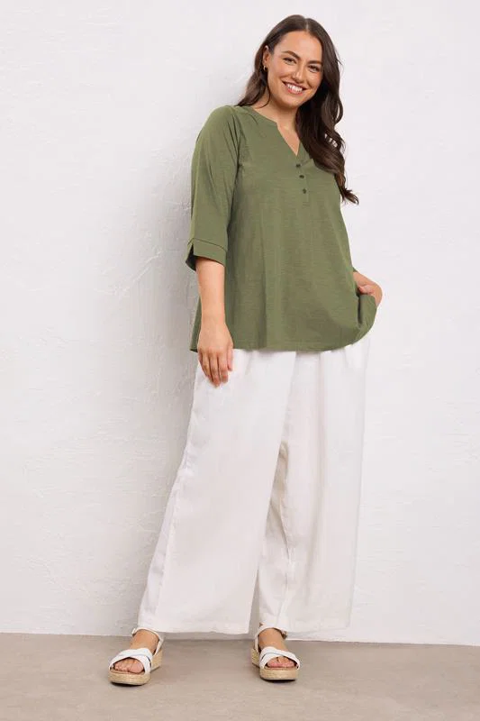 Khaki Green Pleat Front Henley Top detail 1