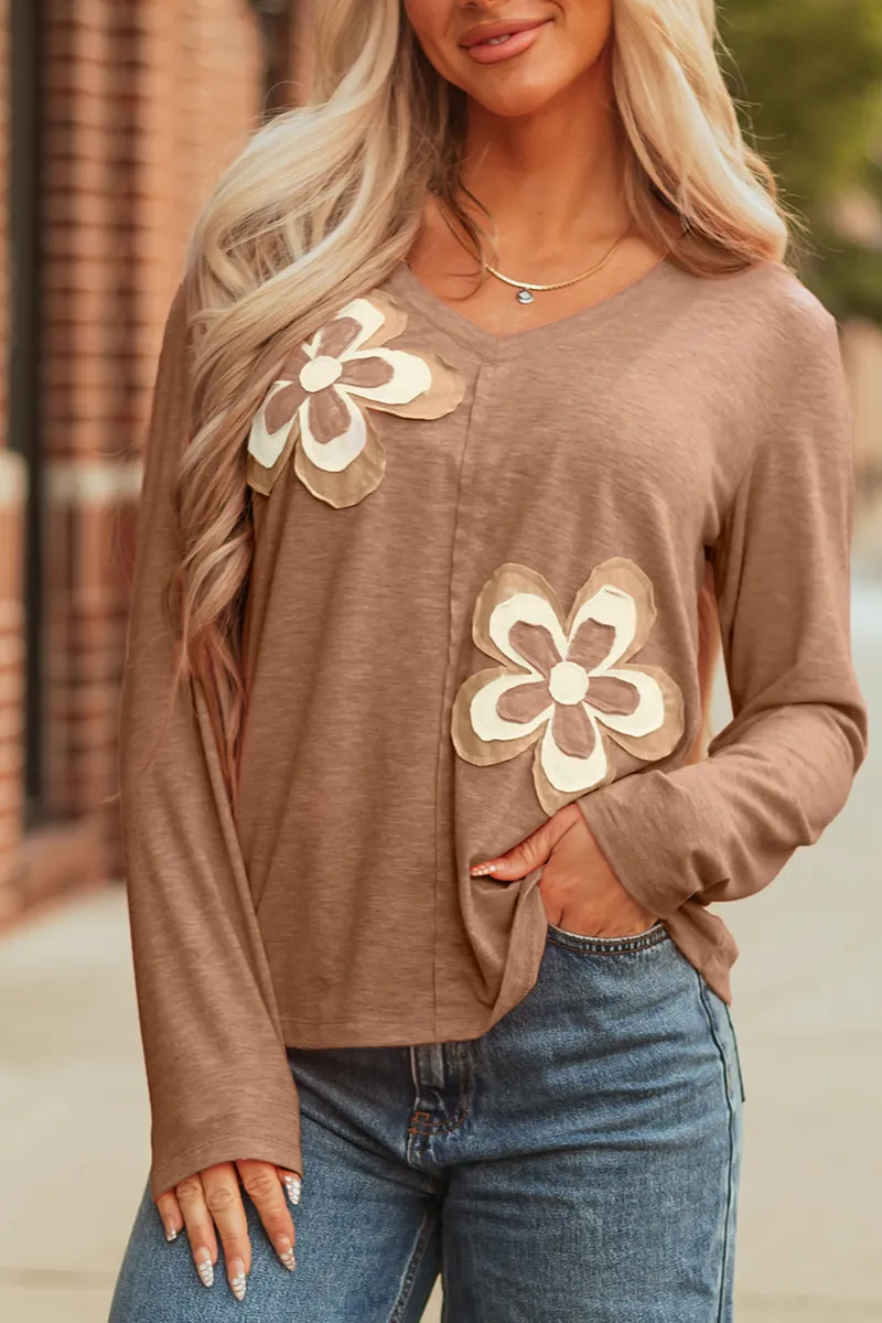 Women's Floral Print V Neck Long Sleeve T-Shirt