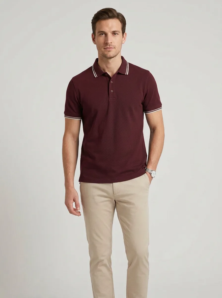 Men's Navy Blue Tipped Collar Textured Polo Shirt