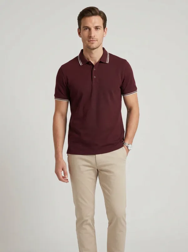 Men's Navy Blue Tipped Collar Textured Polo Shirt