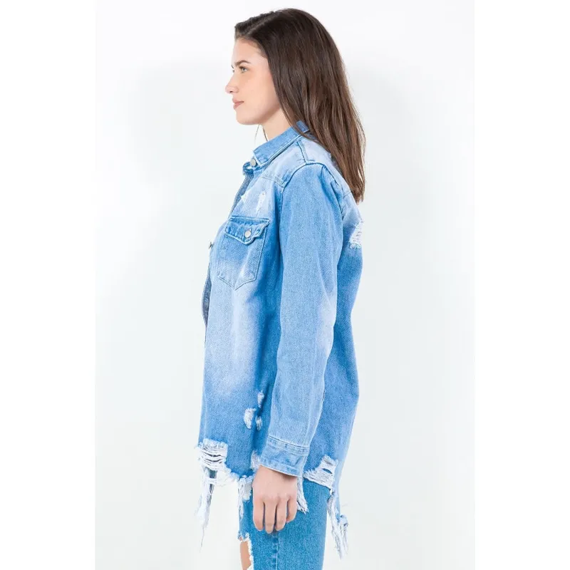 Frayed Hem Distressed Denim Shirt Jacket