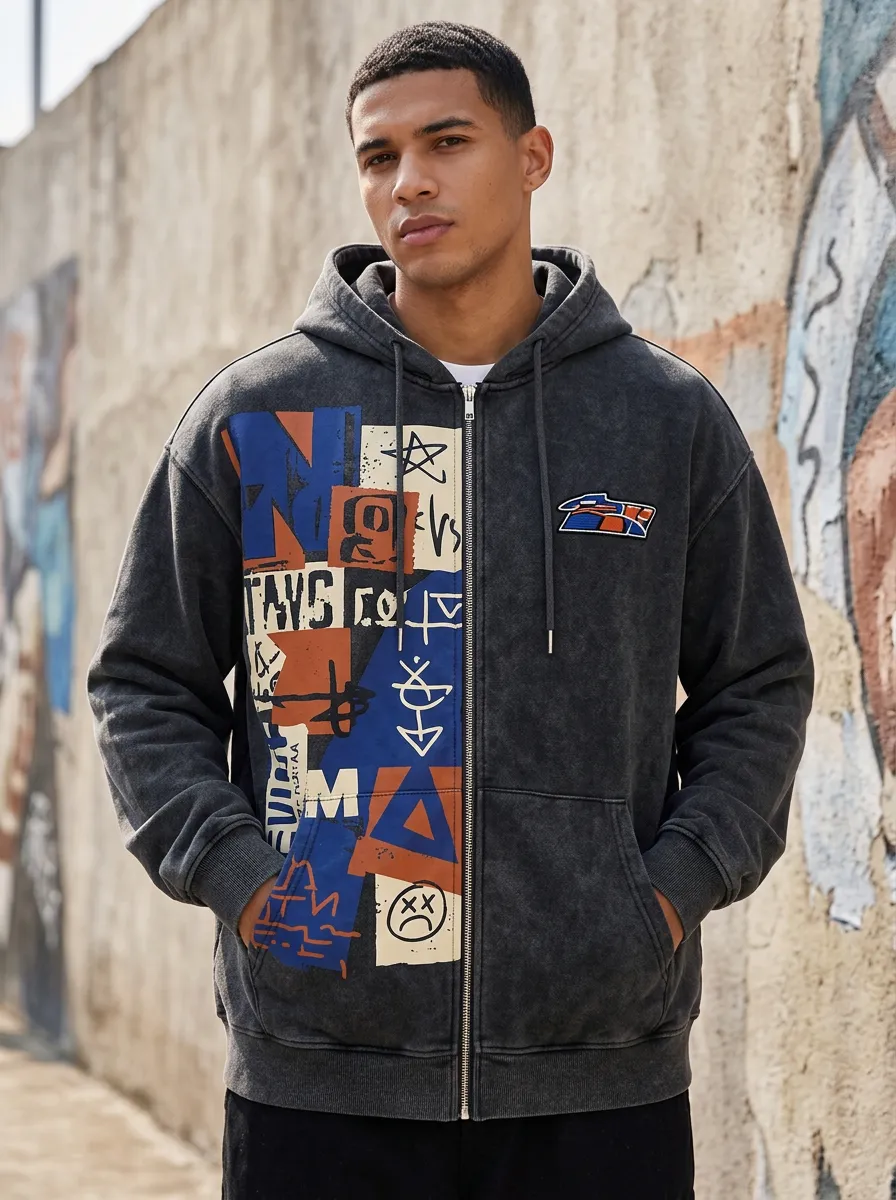 Men's Streetwear Graffiti Graphic Printed Zip Up Hoodie