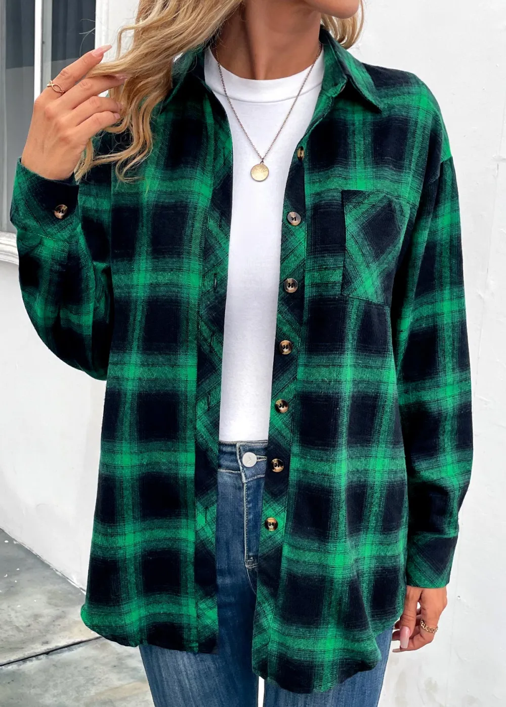 Green Button Plaid Long Sleeve Shirt Collar Coat