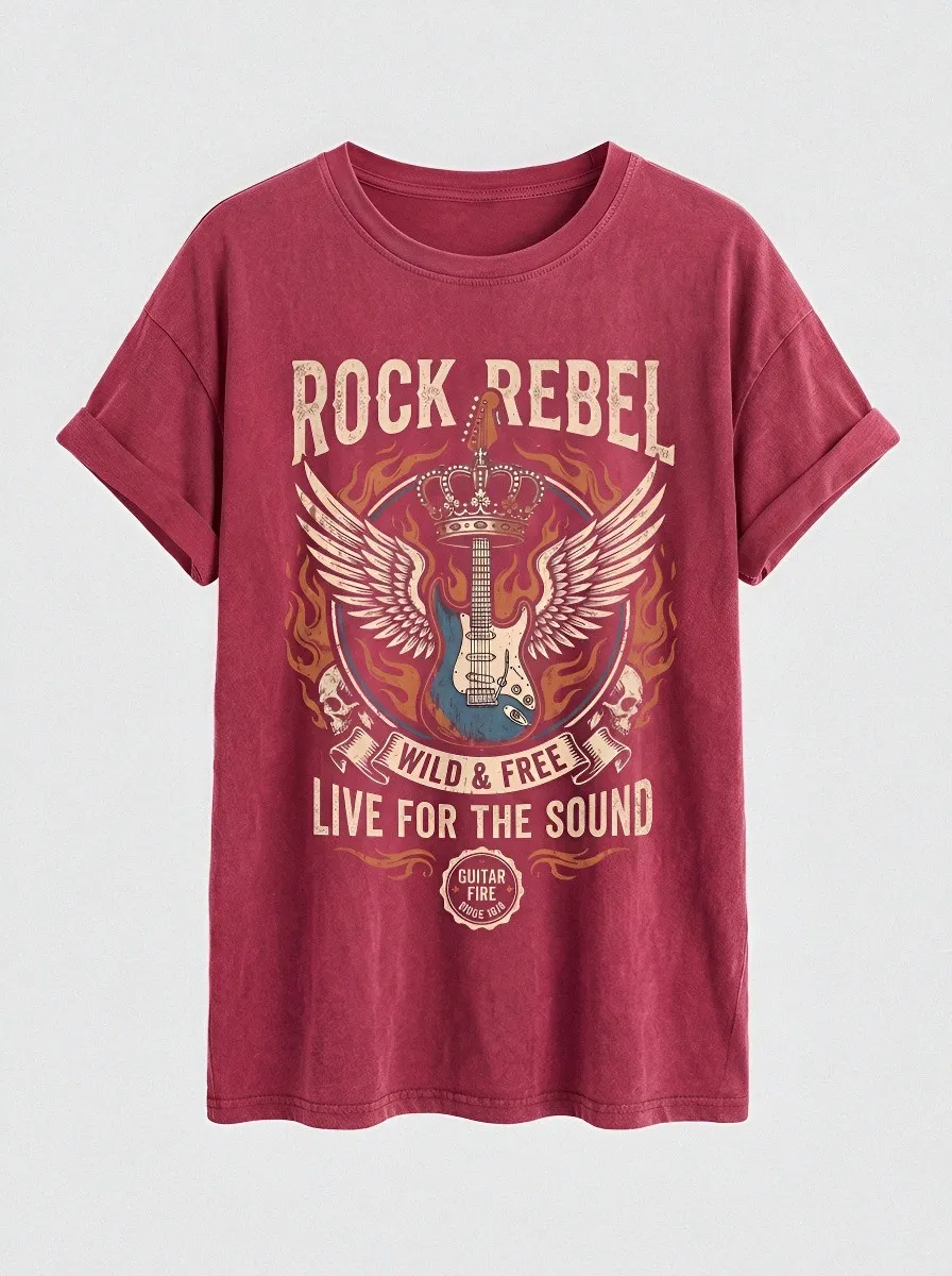 Unisex Rock Rebel Guitar Winged Crown Printed T-shirt