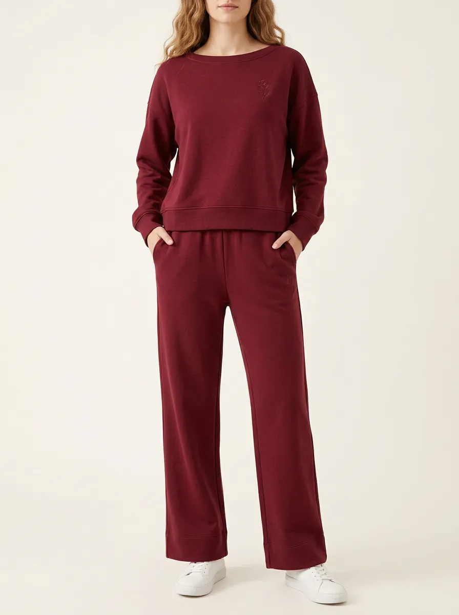 Comfortable Burgundy Sweatshirt Pairing with Rose Detail