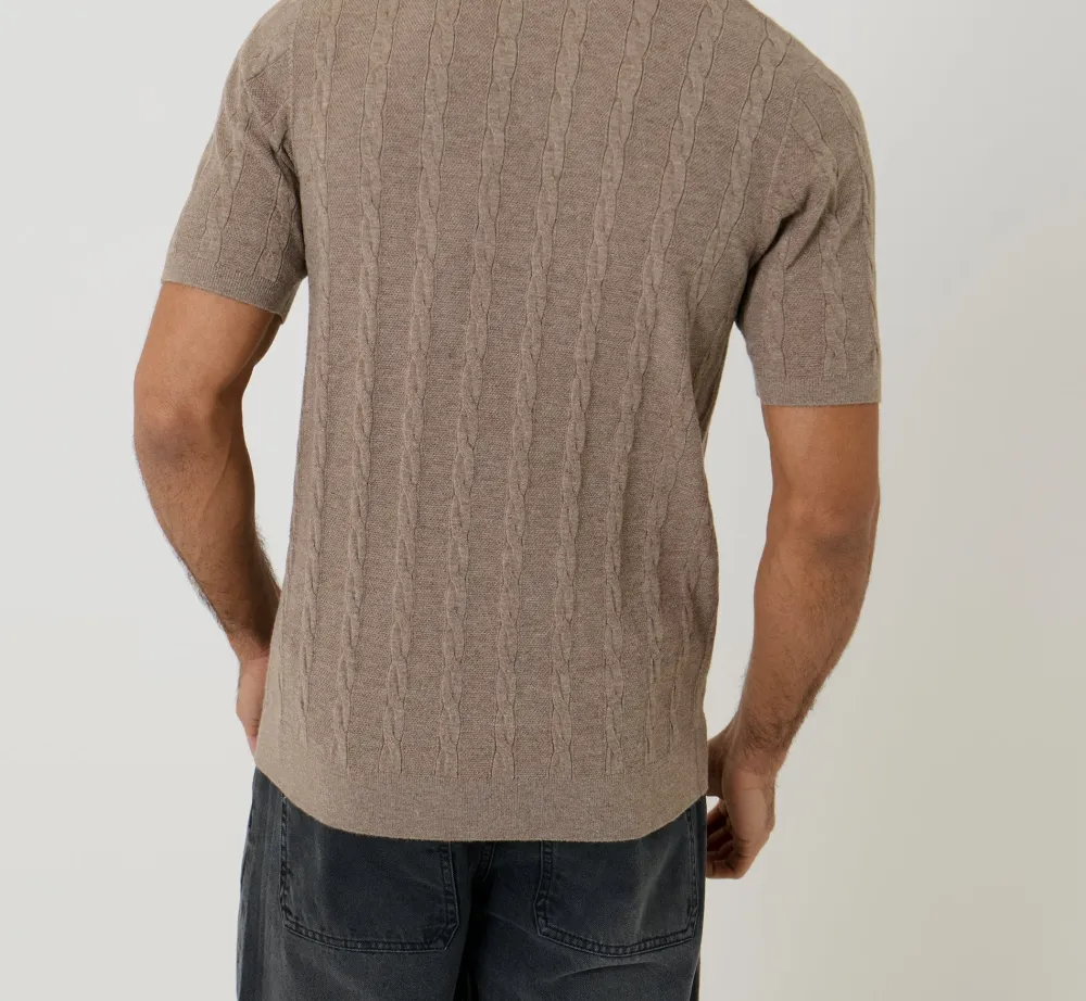 Men's Taupe Cable Stripe Knitted Button Polo