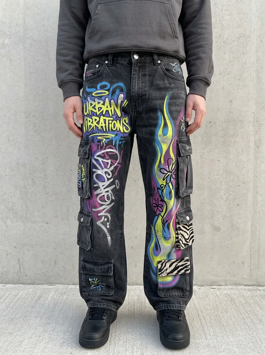 Men's Urban Vibe Graffiti Flame Graphic Cargo Jeans