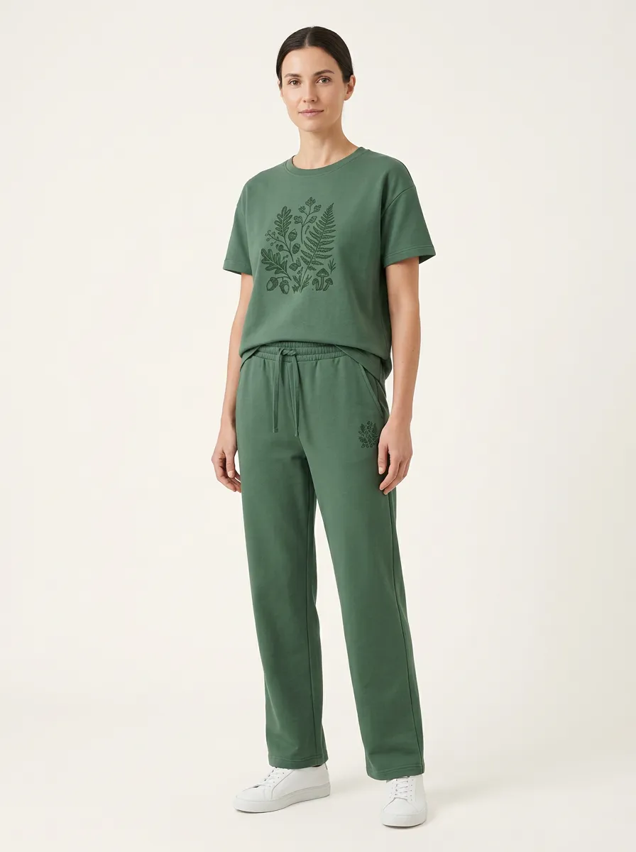 Women's Fern Mushroom Embroidered Crewneck T-Shirt and Straight-Leg Pants Set